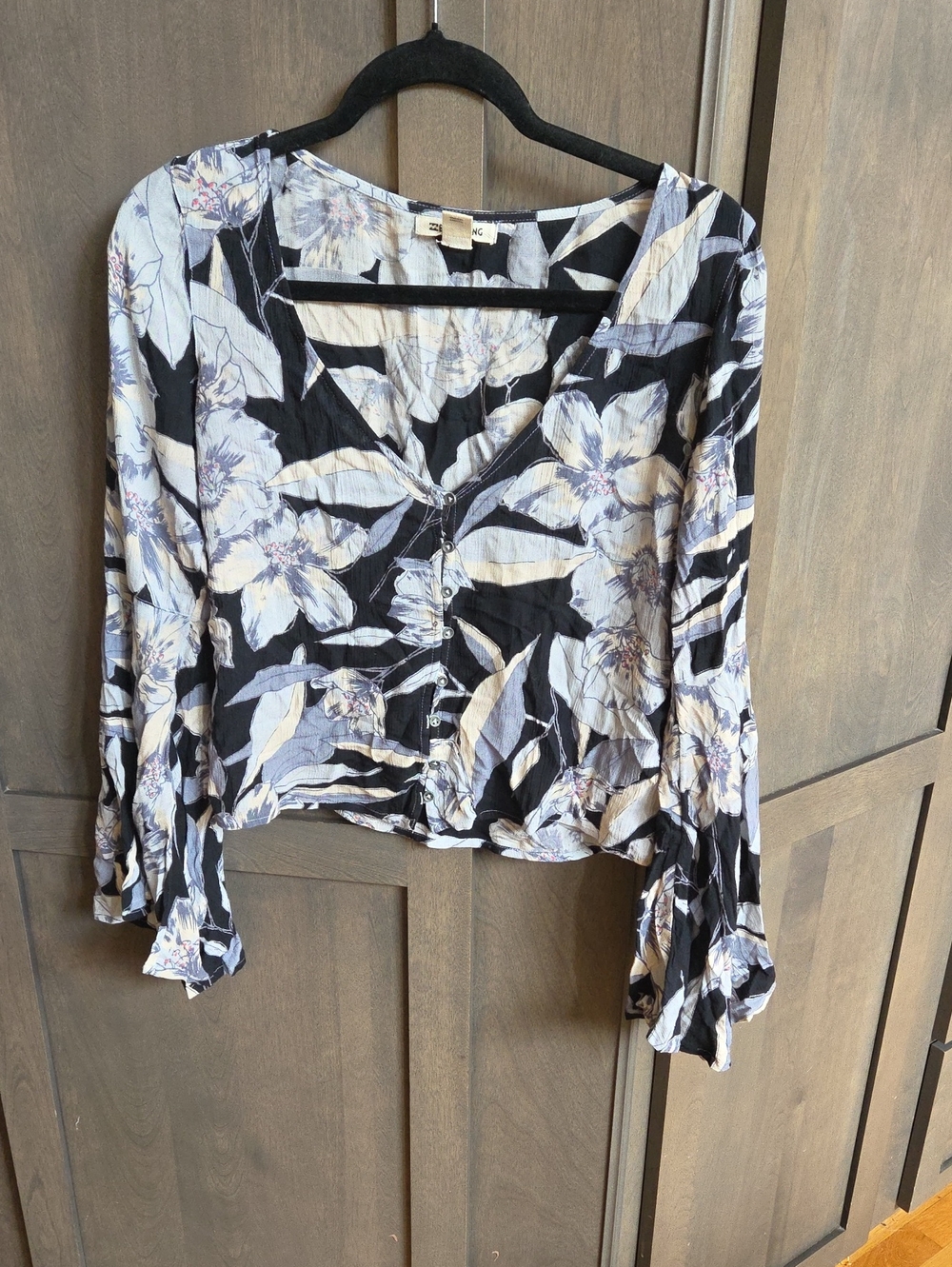 Billabong Black And Blue Floral Button-Front Blouse With Bell Sleeves